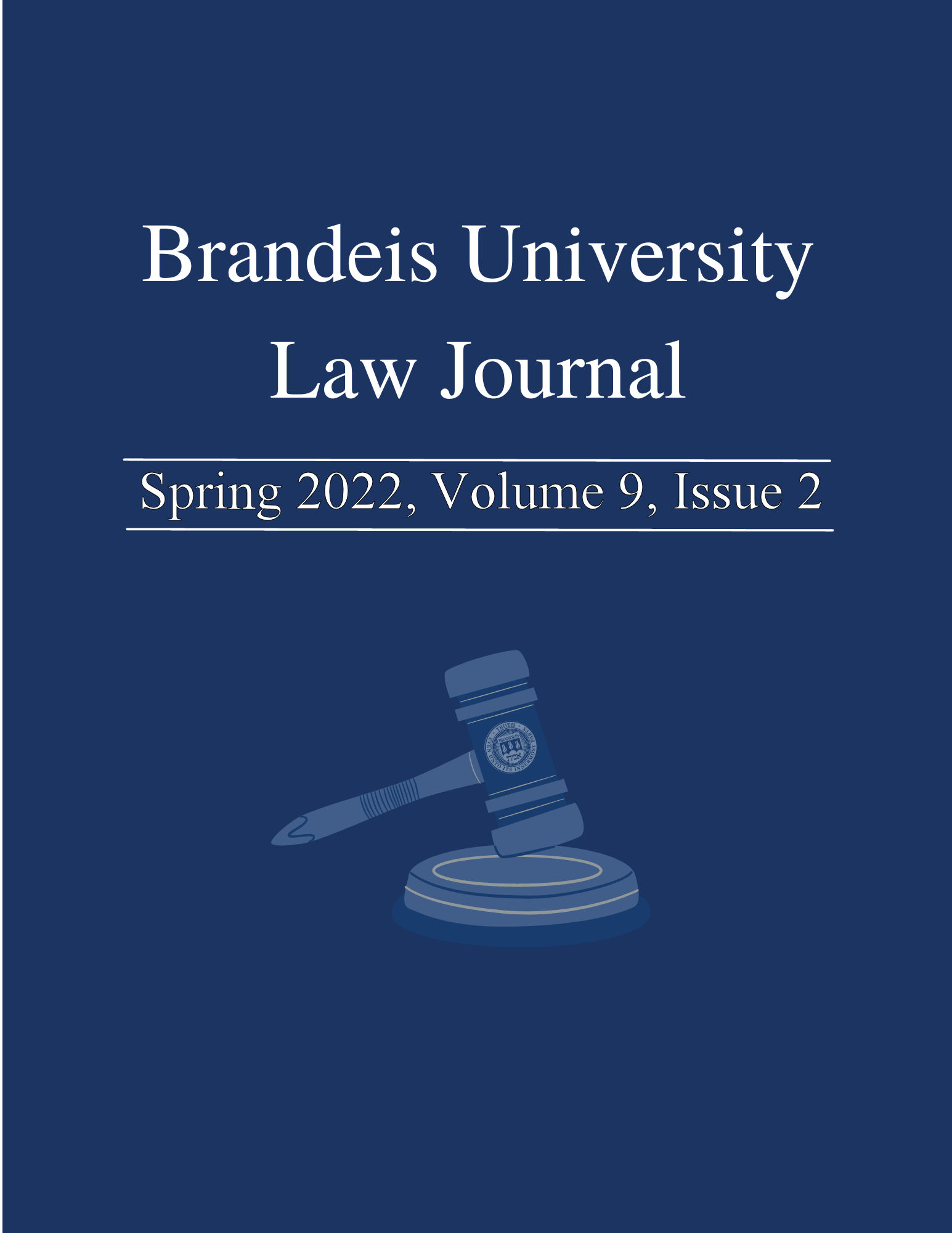 Brandeis University Law Journal cover art depicting a light gavel on a darker blue ground.